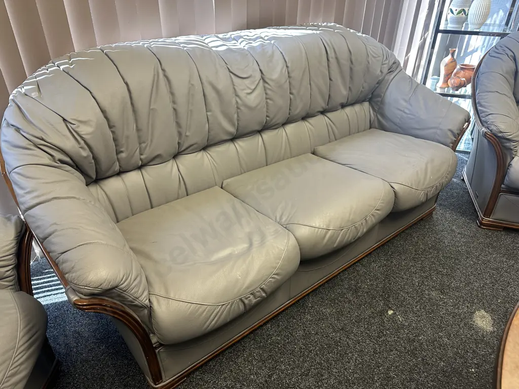 Cortina Original Design Grey Leather 3 Seater Sofa With 2 Armchairs, Ridged Dark Wood Trim Image 1++