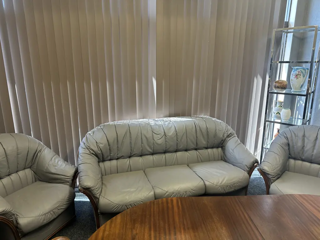 Cortina Original Design Grey Leather 3 Seater Sofa With 2 Armchairs, Ridged Dark Wood Trim Image 1++