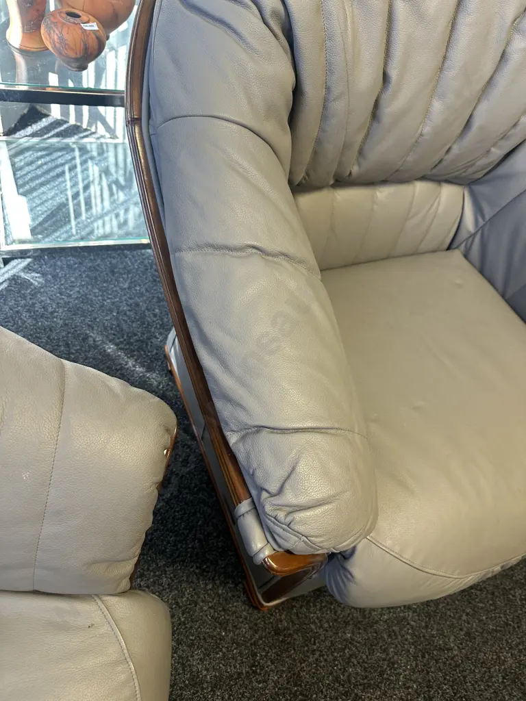 Cortina Original Design Grey Leather 3 Seater Sofa With 2 Armchairs, Ridged Dark Wood Trim Image 1++