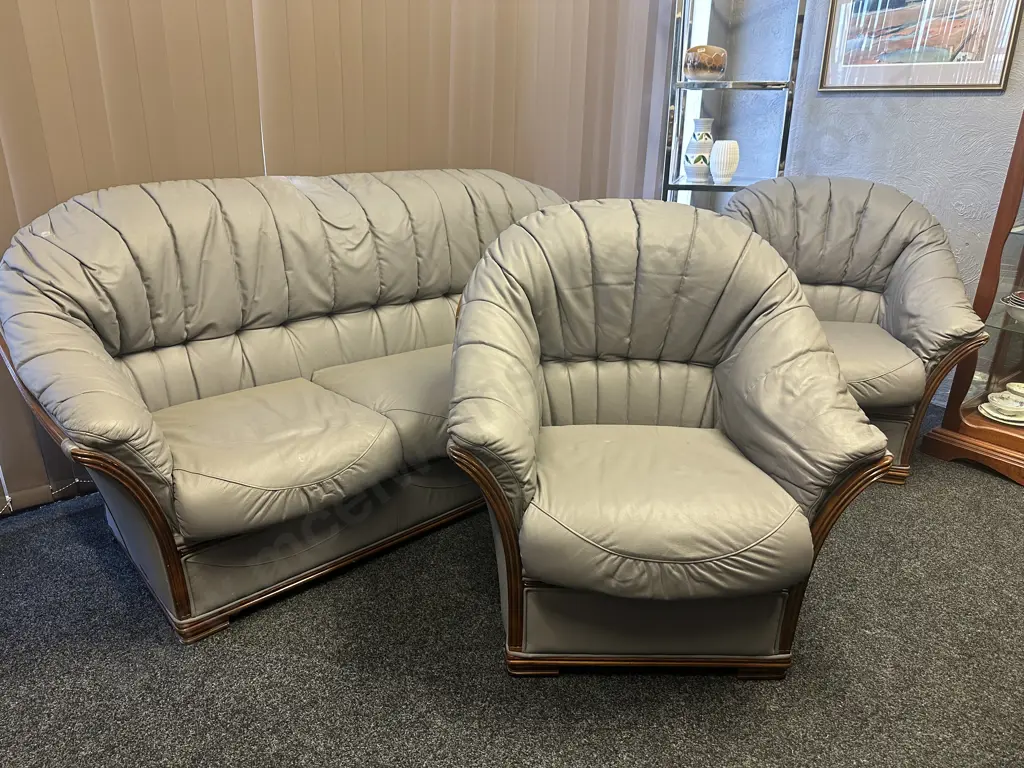Cortina Original Design Grey Leather 3 Seater Sofa With 2 Armchairs, Ridged Dark Wood Trim Image 1++