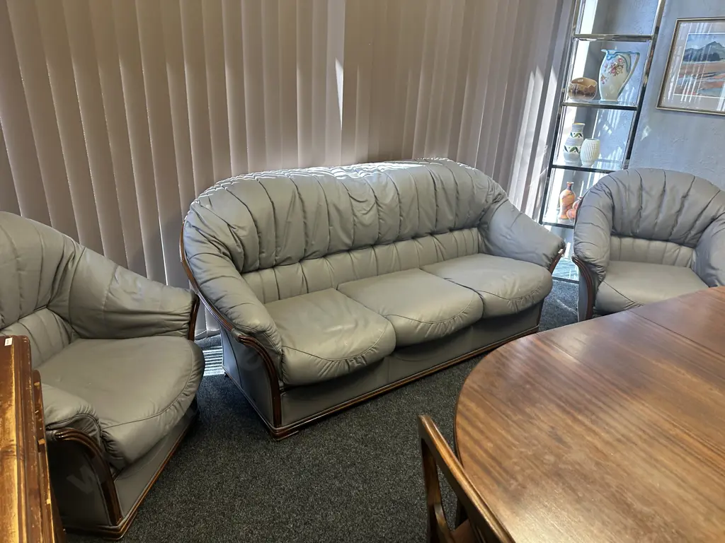 Cortina Original Design Grey Leather 3 Seater Sofa With 2 Armchairs, Ridged Dark Wood Trim Image 1++