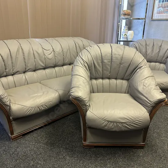 Cortina Original Design Grey Leather 3 Seater Sofa With 2 Armchairs, Ridged Dark Wood Trim
