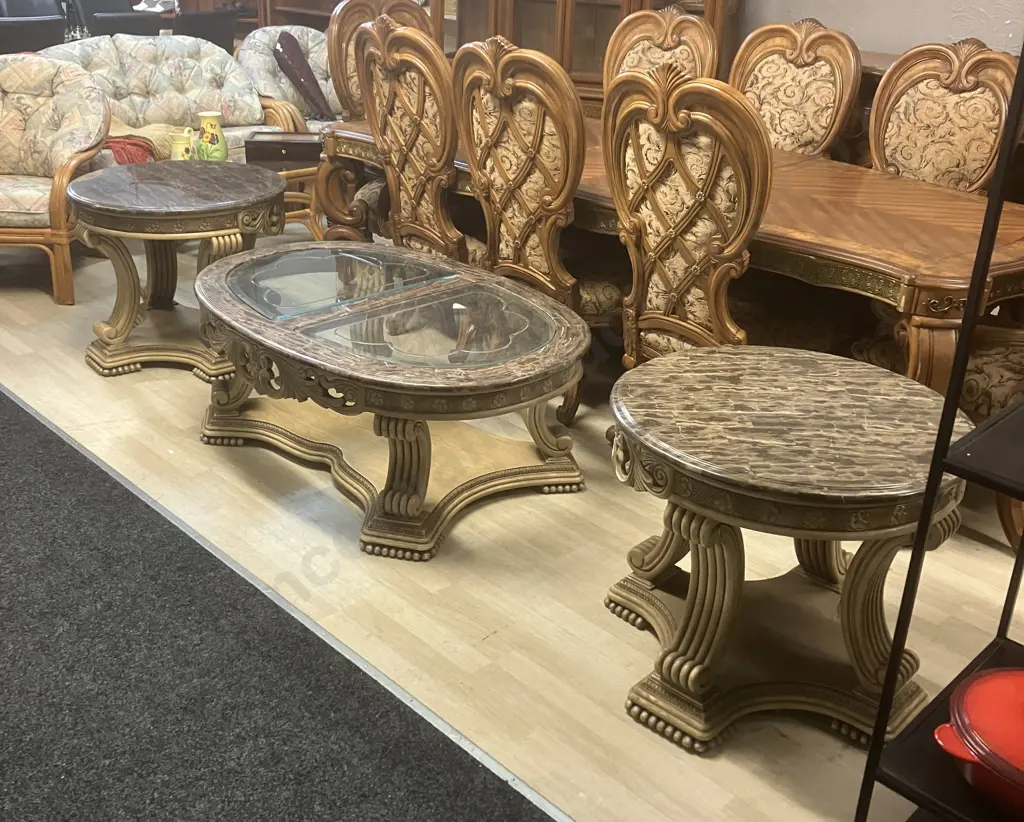 AICO by Michael Amini La Francaise Elegant Crackle Two Round End Tables & Coffee Table Image 1++