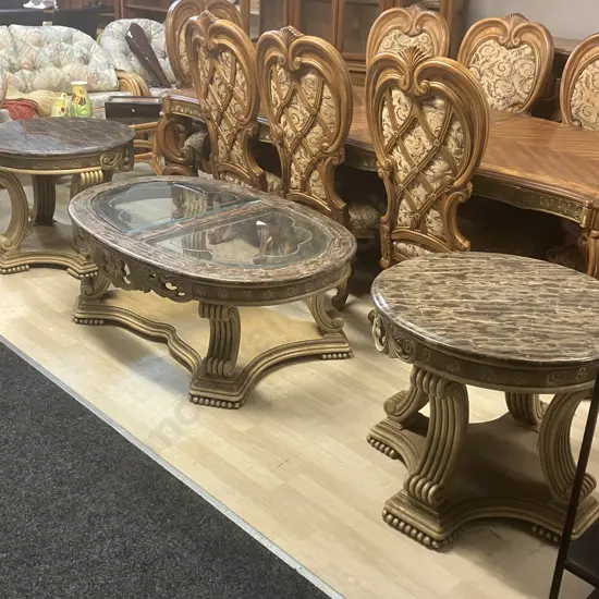AICO by Michael Amini La Francaise Elegant Crackle Two Round End Tables & Coffee Table