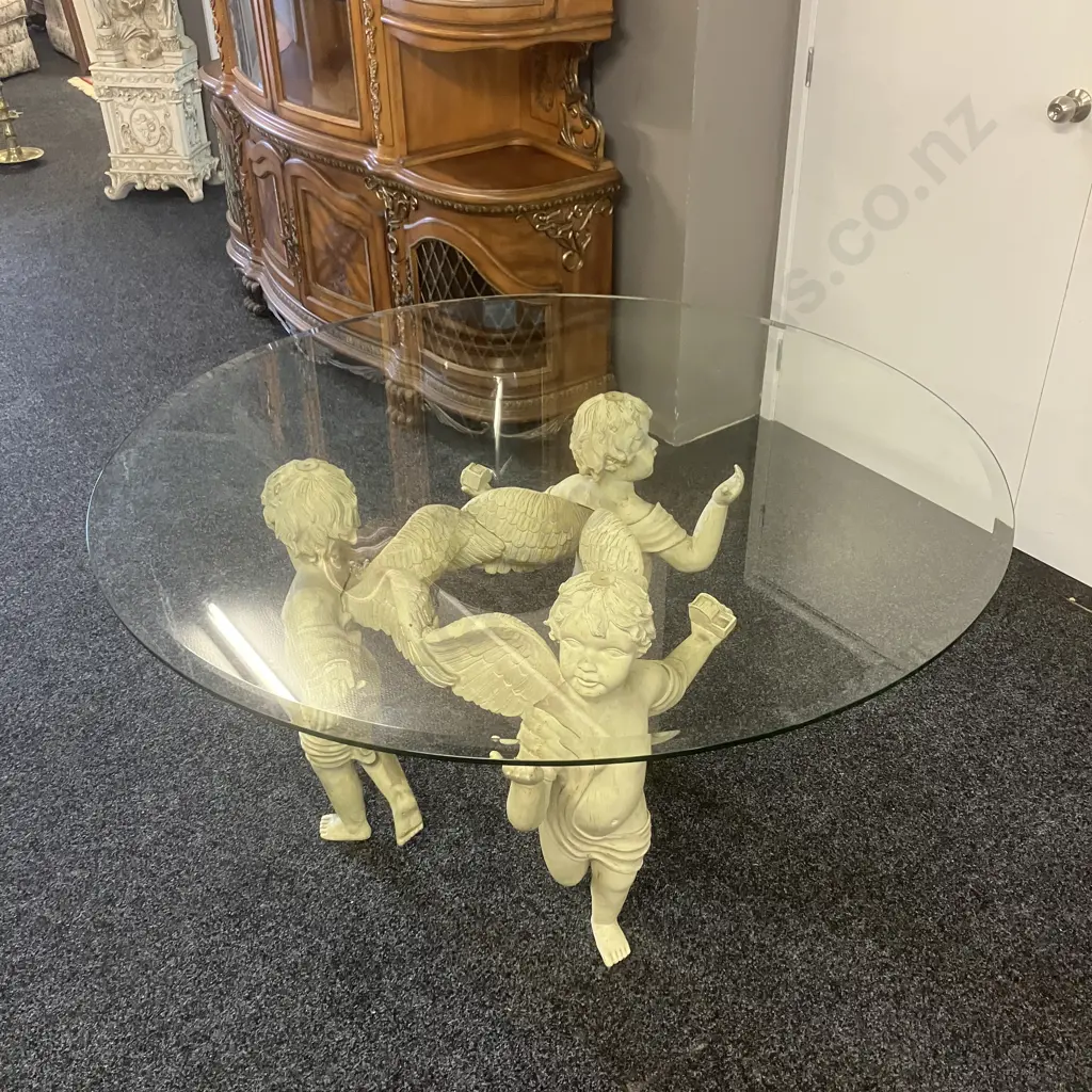 Cherub Trio Vintage Coffee Table With Round Glass Top. 76 x 137cm (As Found) Image 1++