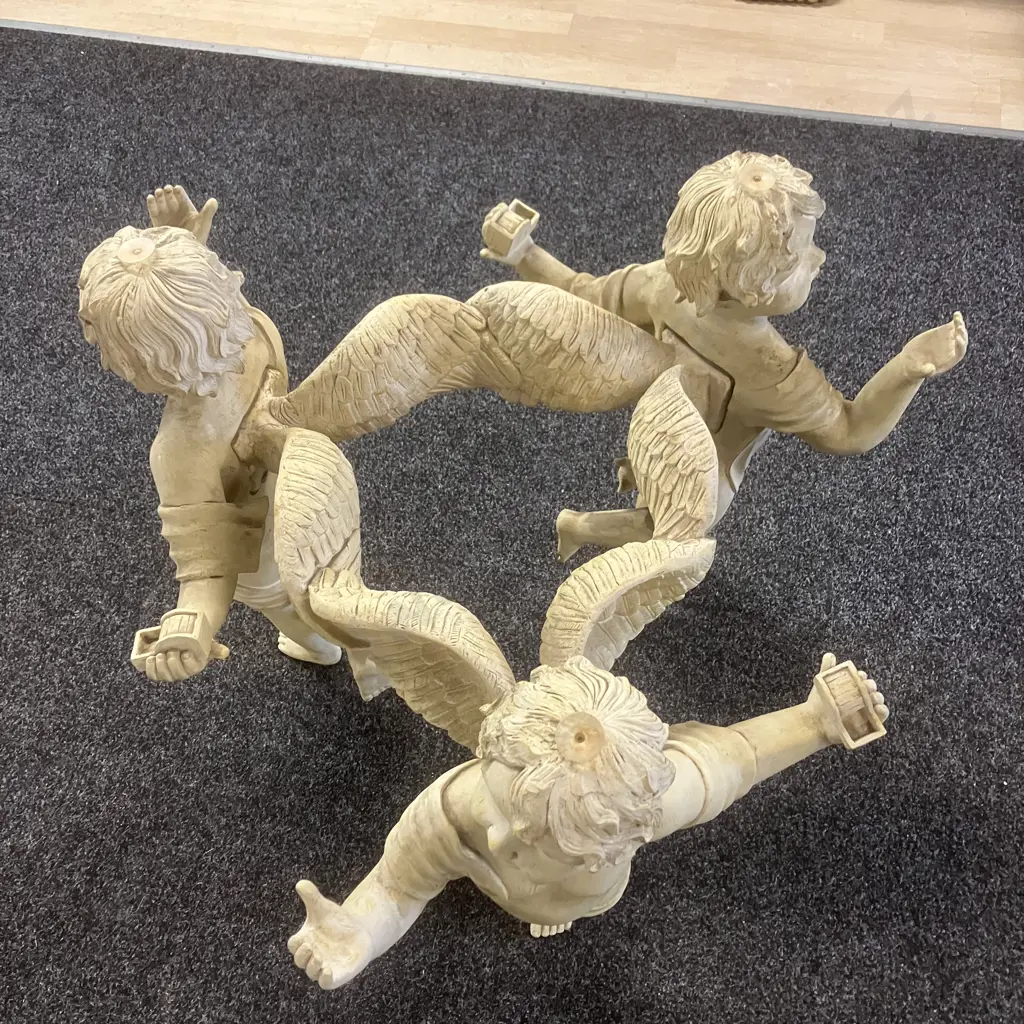 Cherub Trio Vintage Coffee Table With Round Glass Top. 76 x 137cm (As Found) Image 1++