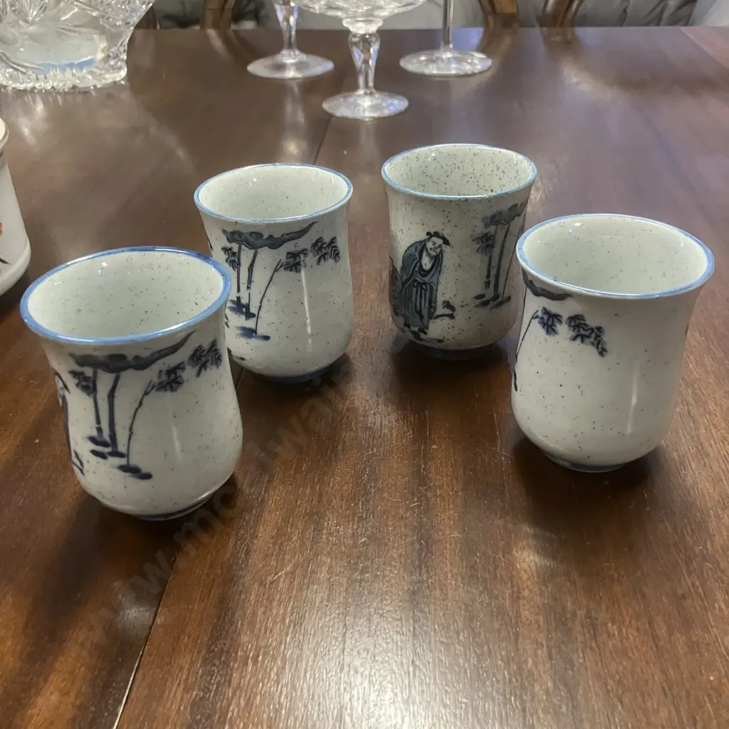 Set of Four Vintage Japanese Ceramic Yunomi (Teacup) Gray Chinese Style Blue Design Image 1++