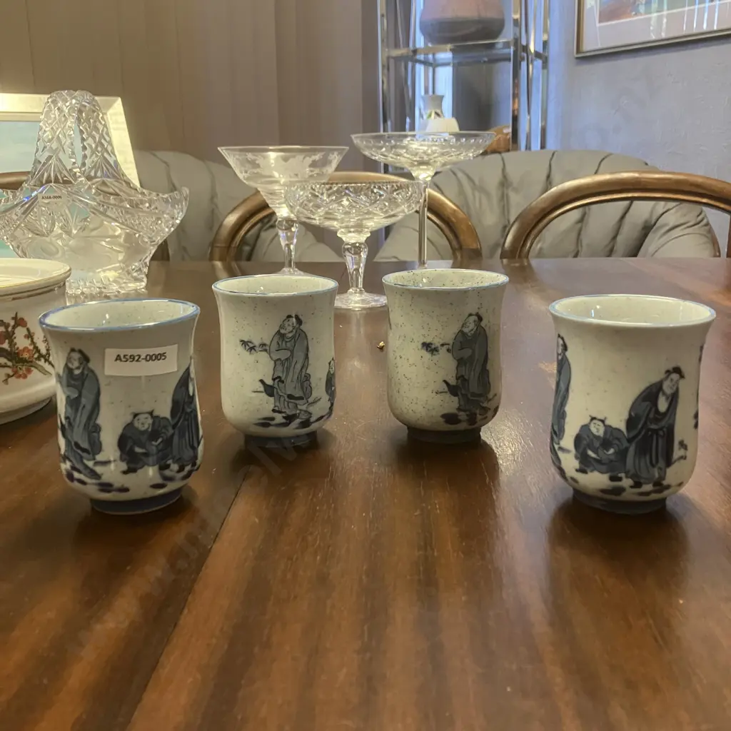 Set of Four Vintage Japanese Ceramic Yunomi (Teacup) Gray Chinese Style Blue Design Image 1++