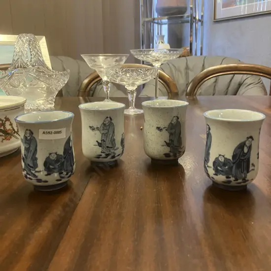 Set of Four Vintage Japanese Ceramic Yunomi (Teacup) Gray Chinese Style Blue Design