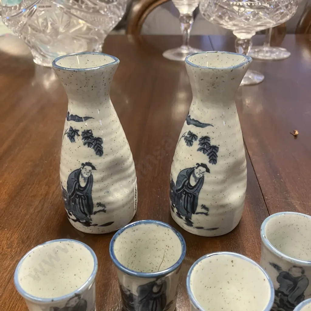 Pair of Vintage Japanese Ceramic Sake Bottles, 5 Cups & Another Cup - Gray Chinese Style Blue Design Image 1++