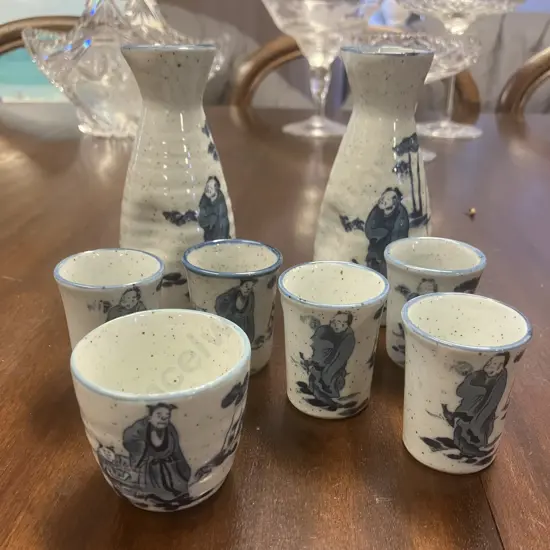 Pair of Vintage Japanese Ceramic Sake Bottles, 5 Cups & Another Cup - Gray Chinese Style Blue Design