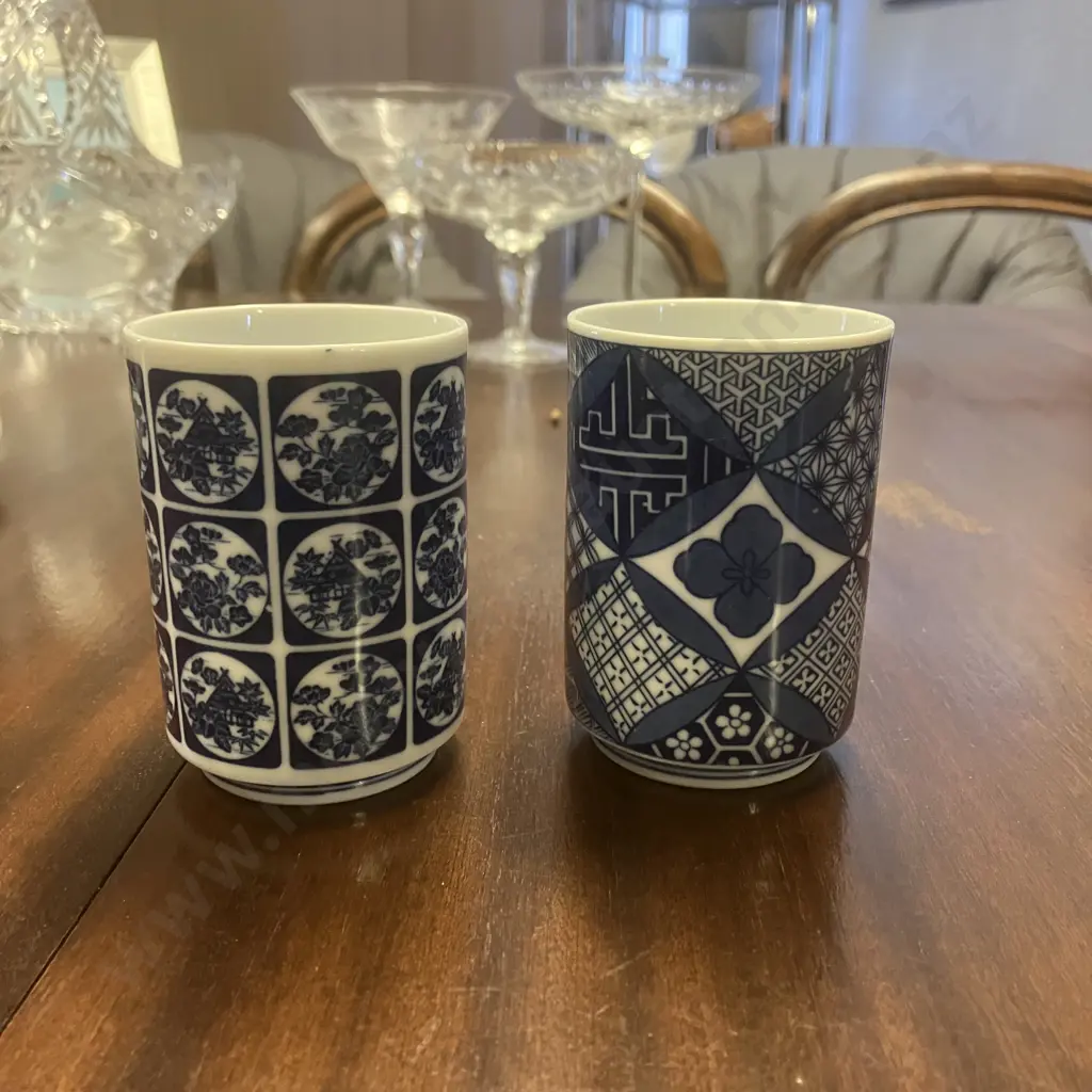 Pair of Blue & White Japanese Porcelain Traditional Yunomi Tea Cups, Signed To Base Image 1++
