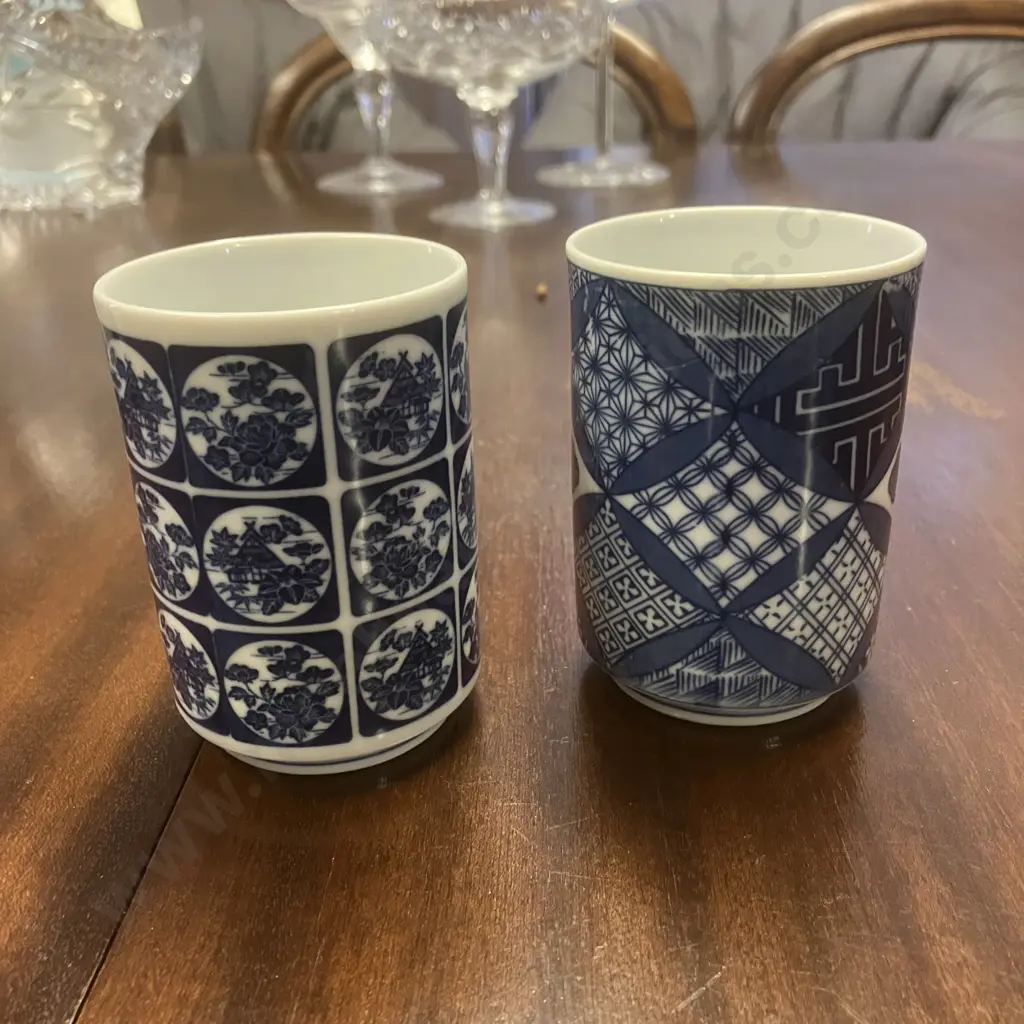 Pair of Blue & White Japanese Porcelain Traditional Yunomi Tea Cups, Signed To Base Image 1++