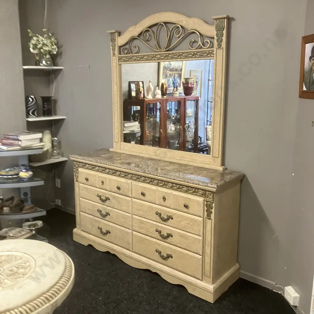 Ashley White Oak 8 Drawer Dresser With Mirror, Faux Marble Top, Ornate Antiqued Finish Hardware & Scroll Moulding Image 1++