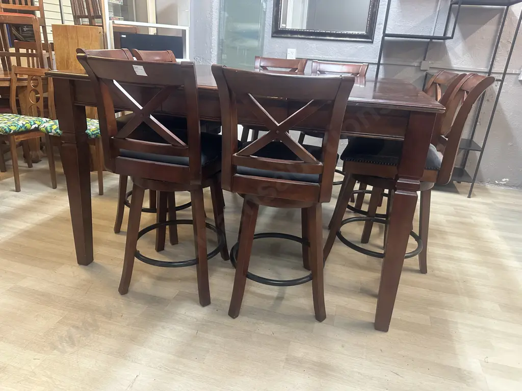 Wooden Counter Height Extension Table With 8 x Crossback Swivel Barstools H92 W152 D102 / 52cm Extension Image 1++