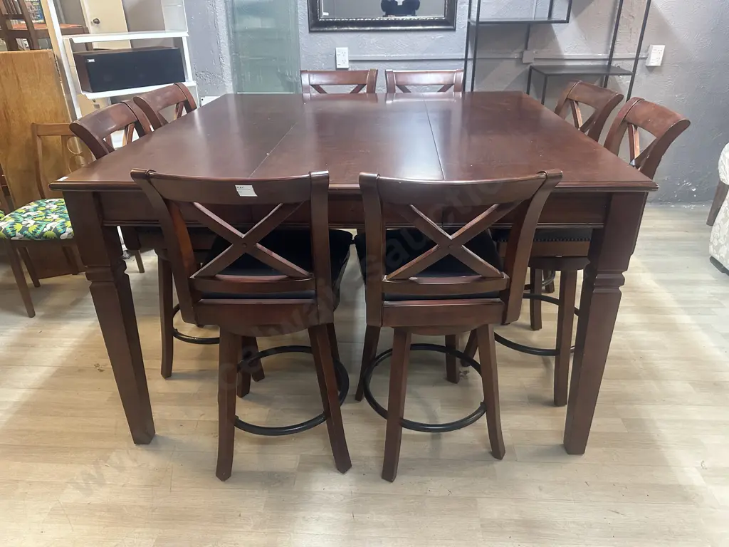 Wooden Counter Height Extension Table With 8 x Crossback Swivel Barstools H92 W152 D102 / 52cm Extension Image 1++