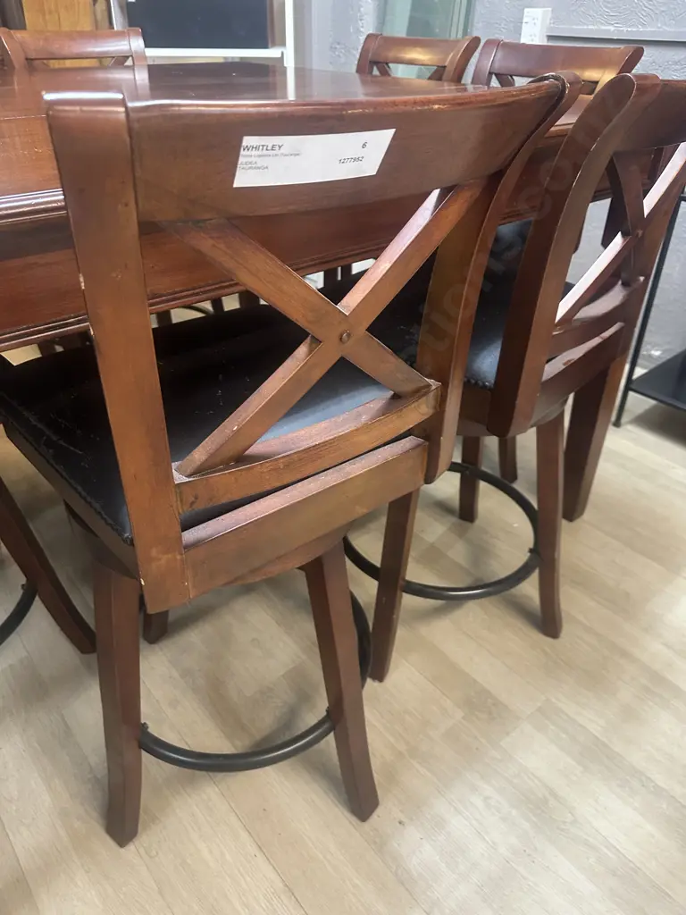 Wooden Counter Height Extension Table With 8 x Crossback Swivel Barstools H92 W152 D102 / 52cm Extension Image 1++