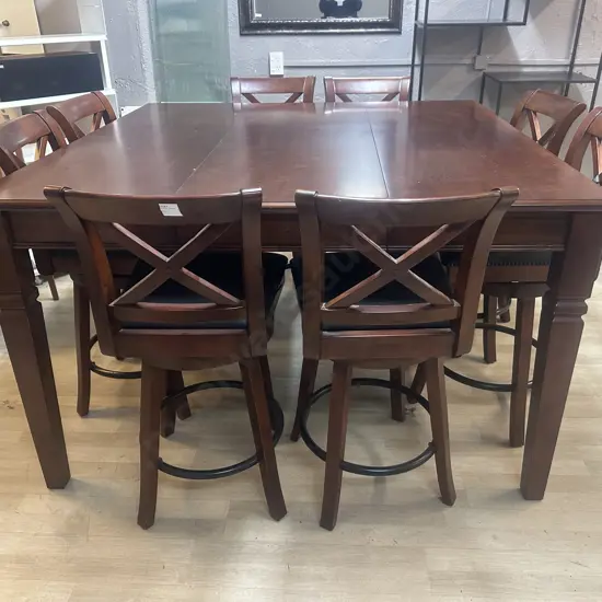 Wooden Counter Height Extension Table With 8 x Crossback Swivel Barstools H92 W152 D102 / 52cm Extension