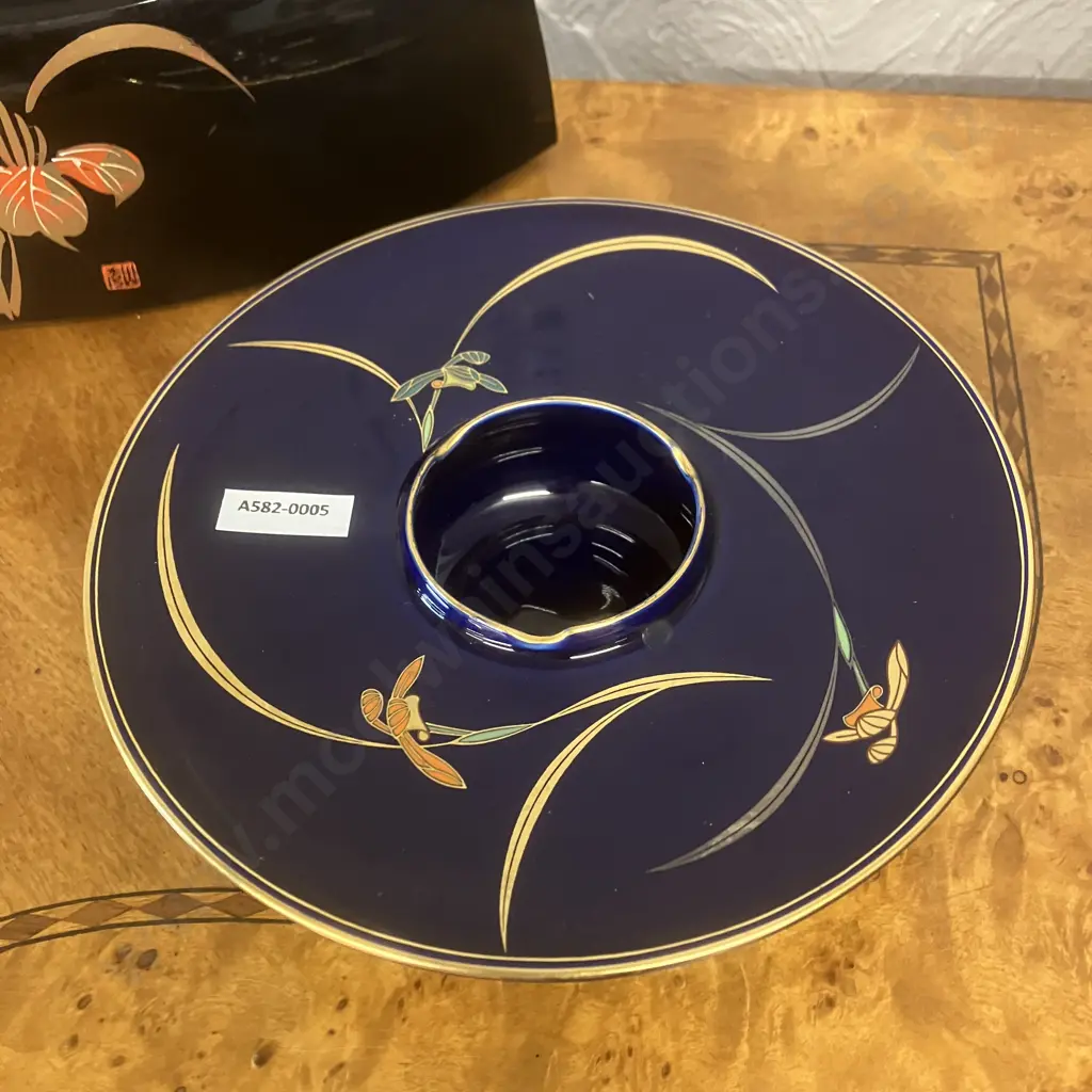 Japanese Koransha Porcelain Ashtray, Cobalt Blue With Floral Pattern. 6.5 x 21.5cm & Black Lacquer Ware Vase. 17 x 26cm Image 1++