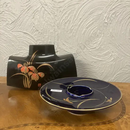 Japanese Koransha Porcelain Ashtray, Cobalt Blue With Floral Pattern. 6.5 x 21.5cm & Black Lacquer Ware Vase. 17 x 26cm