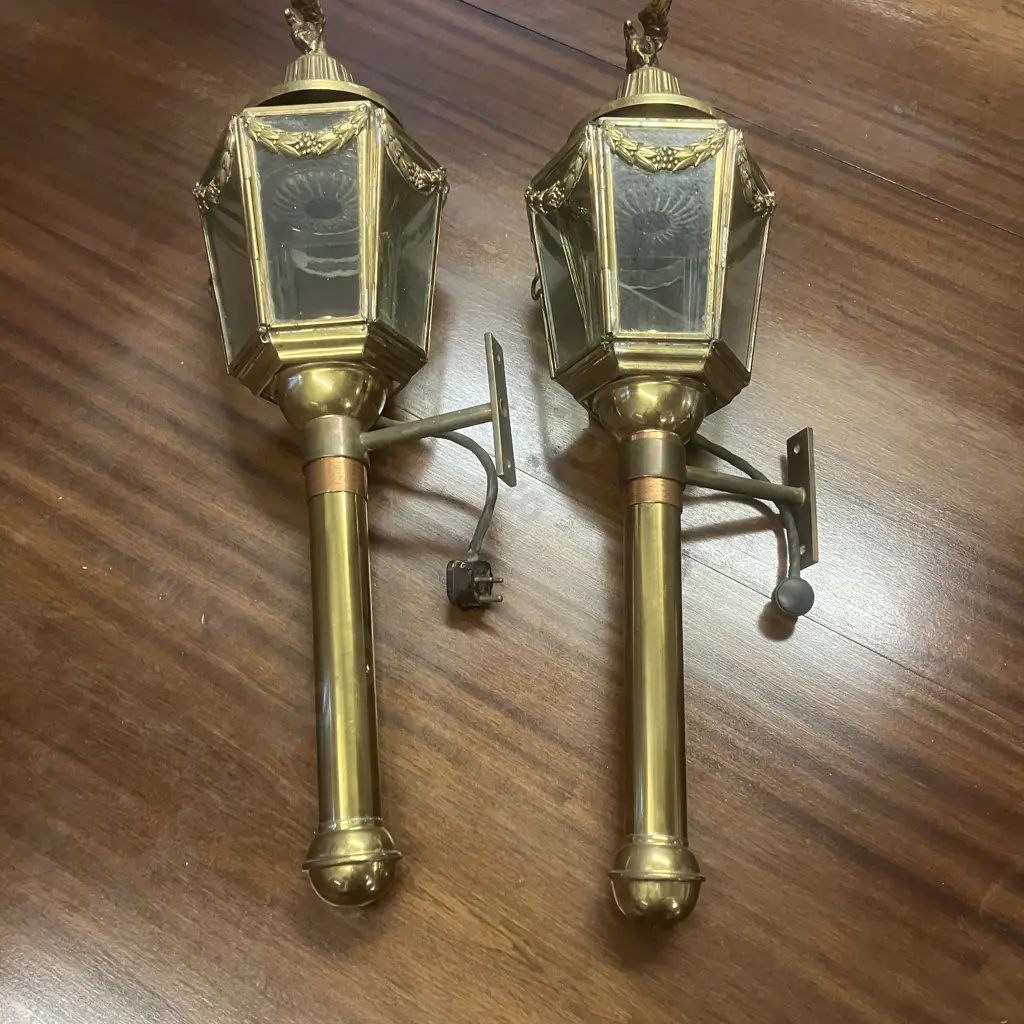 Pair of English Antique Brass Coach Lamps With Eagle Finials, Hexagonal Glassed Frame. 65.5cms Image 1++