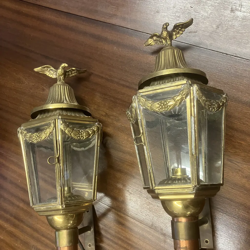 Pair of English Antique Brass Coach Lamps With Eagle Finials, Hexagonal Glassed Frame. 65.5cms Image 1++