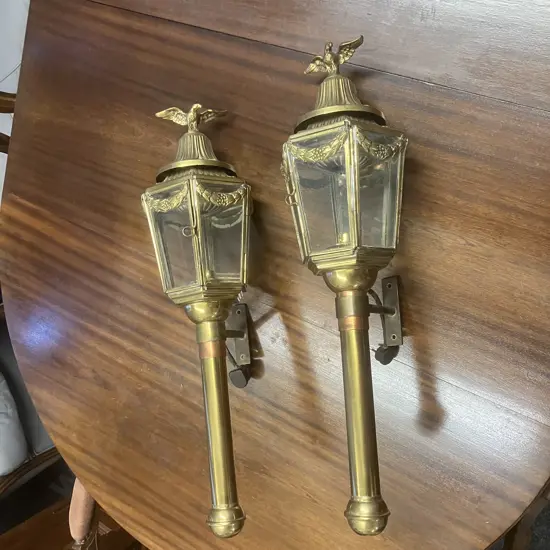 Pair of English Antique Brass Coach Lamps With Eagle Finials, Hexagonal Glassed Frame. 65.5cms