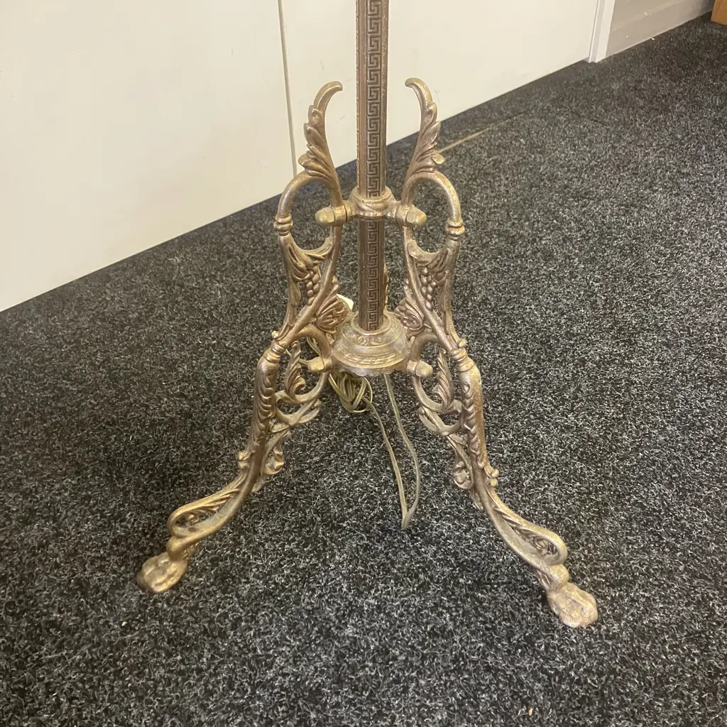 Vintage Brass Standard Lamp With Ornate Three Leg Base, Large Linen Look Shade. H169cm Image 1++