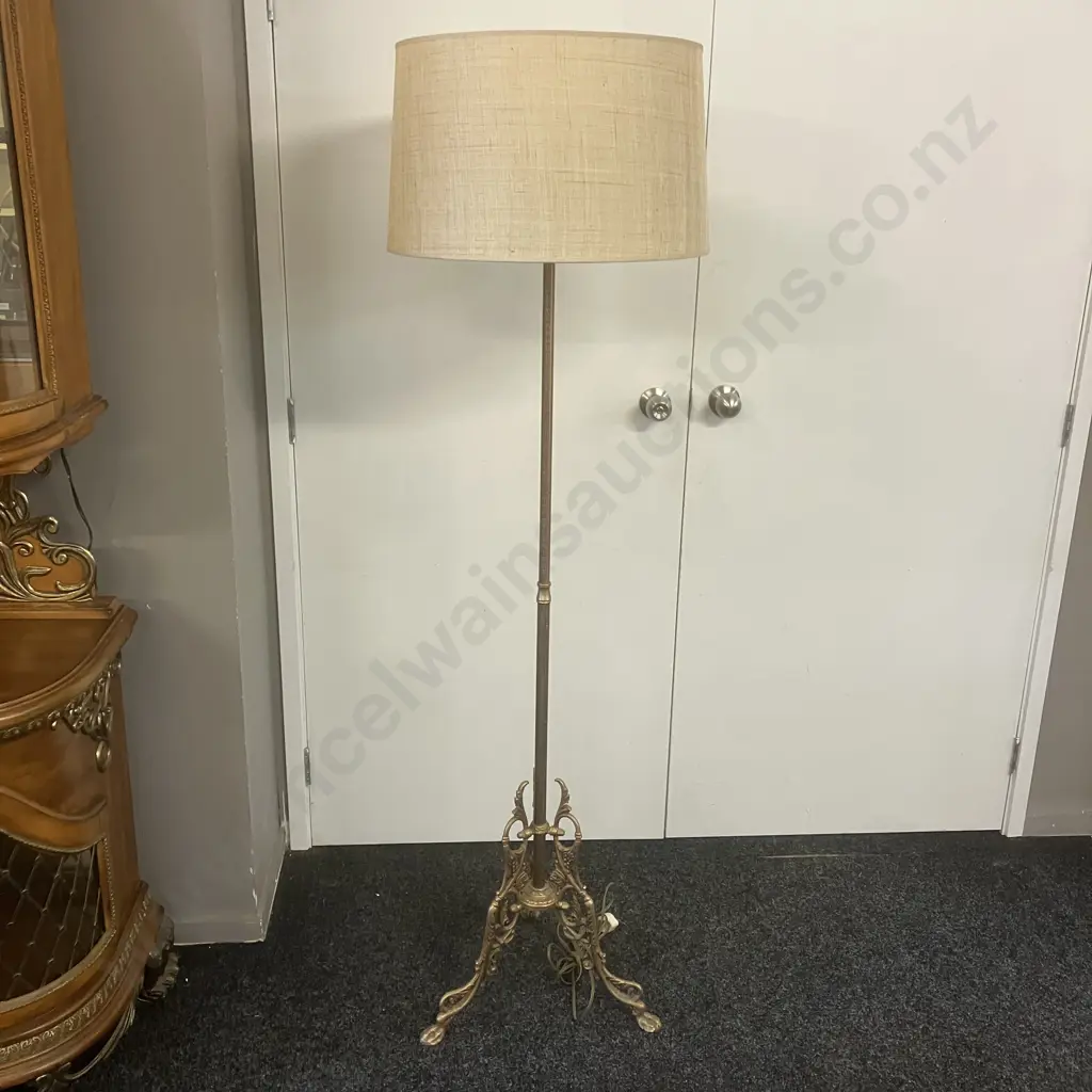 Vintage Brass Standard Lamp With Ornate Three Leg Base, Large Linen Look Shade. H169cm Image 1++