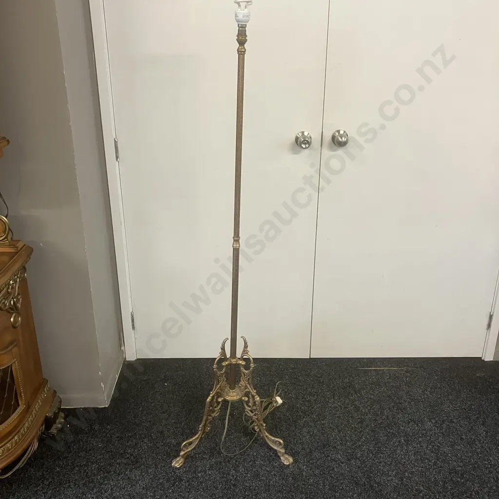 Vintage Brass Standard Lamp With Ornate Three Leg Base, Large Linen Look Shade. H169cm Image 1++