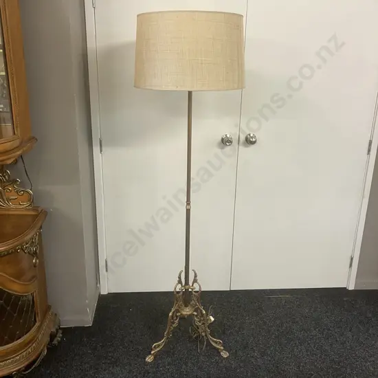 Vintage Brass Standard Lamp With Ornate Three Leg Base, Large Linen Look Shade. H169cm