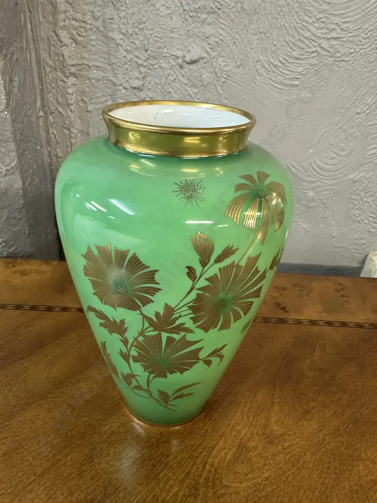 Art Nouveau Bavarian Astrid Green Glass Vase With Gilding H23cm. Image 1++