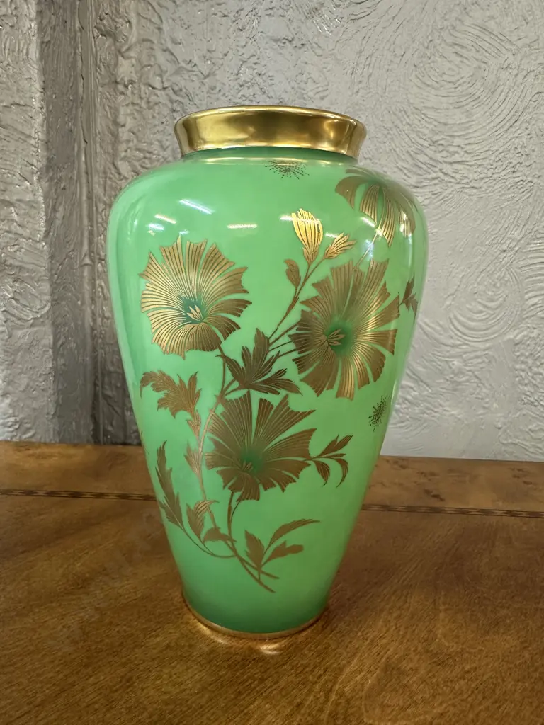 Art Nouveau Bavarian Astrid Green Glass Vase With Gilding H23cm. Image 1++
