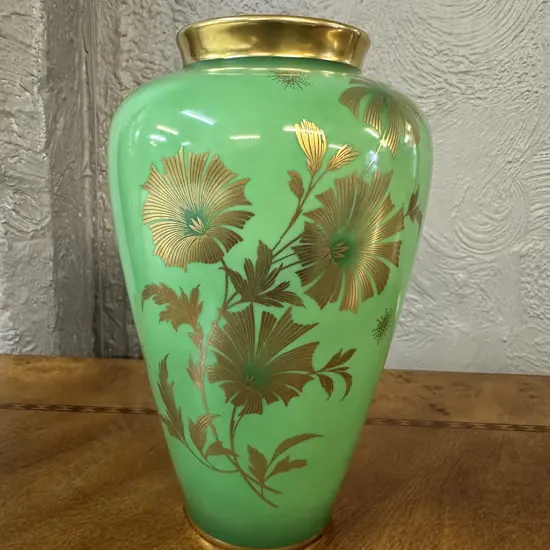 Art Nouveau Bavarian Astrid Green Glass Vase With Gilding H23cm.