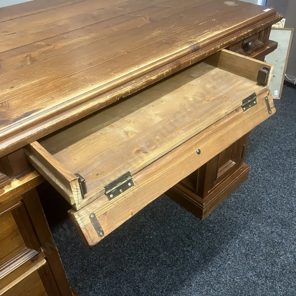 Rustic Solid Wood Desk, 5 Drawers, 1 Door, Cast Iron Handles, 3 Piece Image 1++