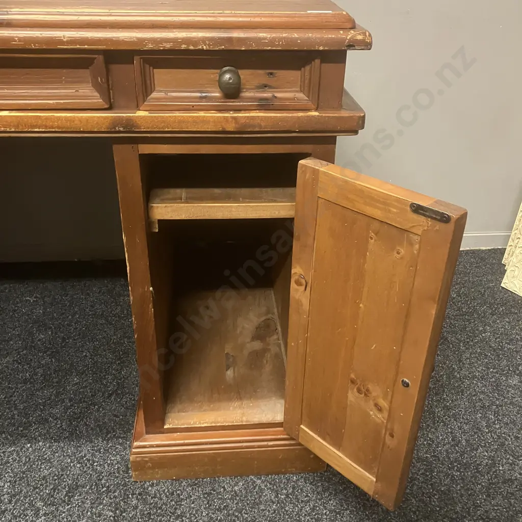 Rustic Solid Wood Desk, 5 Drawers, 1 Door, Cast Iron Handles, 3 Piece Image 1++