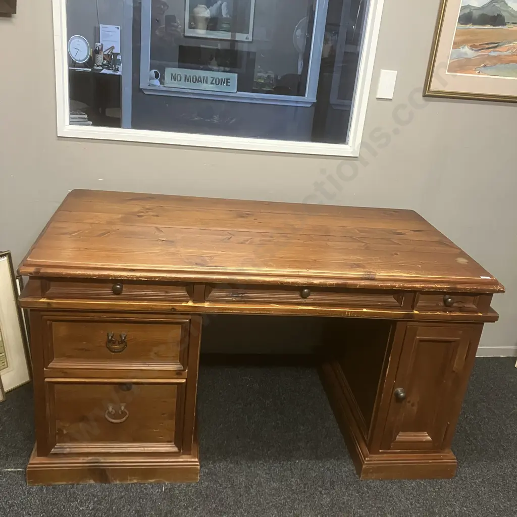 Rustic Solid Wood Desk, 5 Drawers, 1 Door, Cast Iron Handles, 3 Piece Image 1++