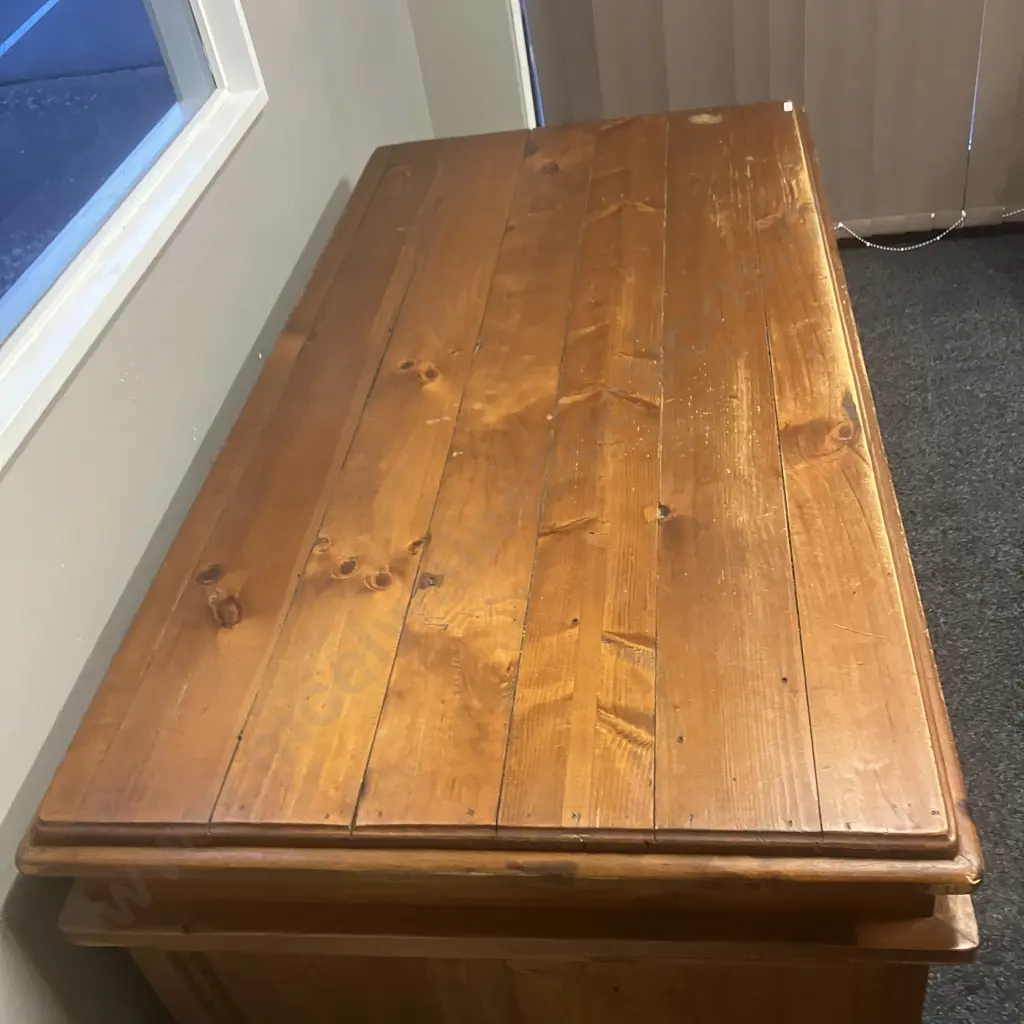 Rustic Solid Wood Desk, 5 Drawers, 1 Door, Cast Iron Handles, 3 Piece Image 1++