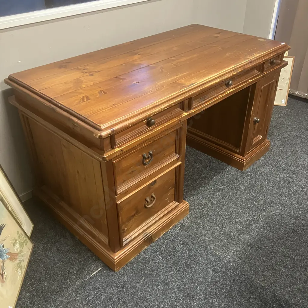 Rustic Solid Wood Desk, 5 Drawers, 1 Door, Cast Iron Handles, 3 Piece Image 1++