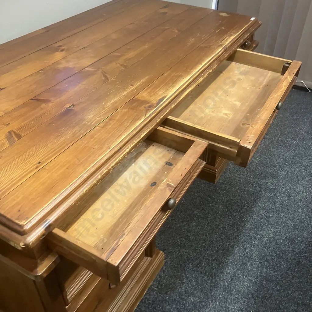 Rustic Solid Wood Desk, 5 Drawers, 1 Door, Cast Iron Handles, 3 Piece Image 1++