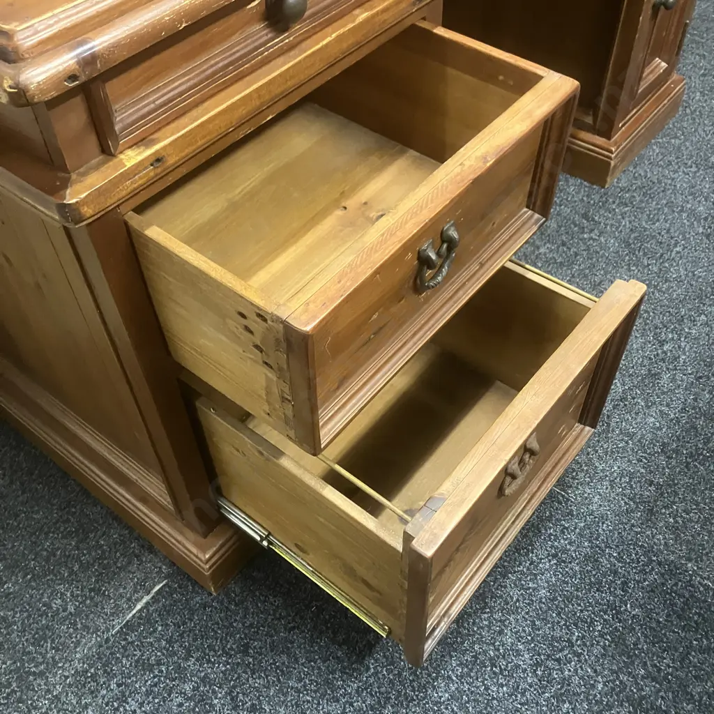 Rustic Solid Wood Desk, 5 Drawers, 1 Door, Cast Iron Handles, 3 Piece Image 1++