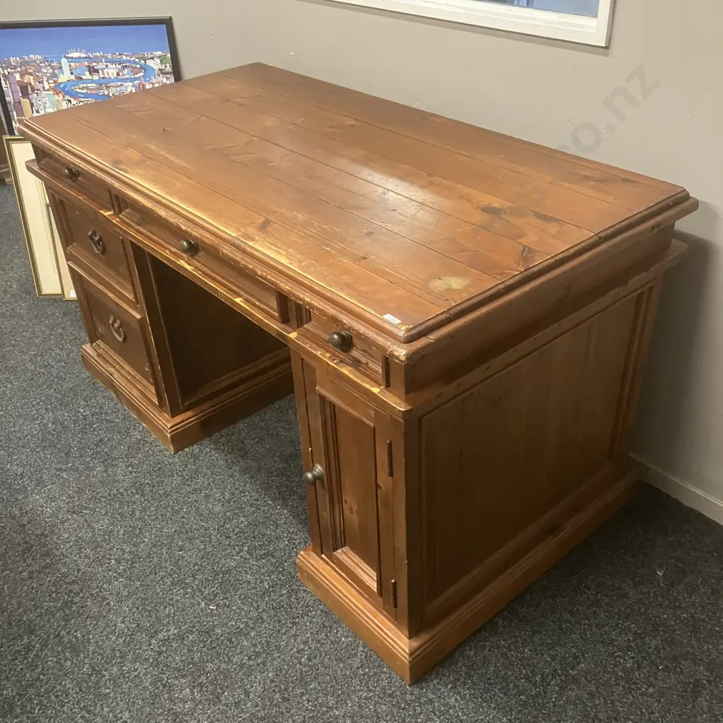 Rustic Solid Wood Desk, 5 Drawers, 1 Door, Cast Iron Handles, 3 Piece Image 1++