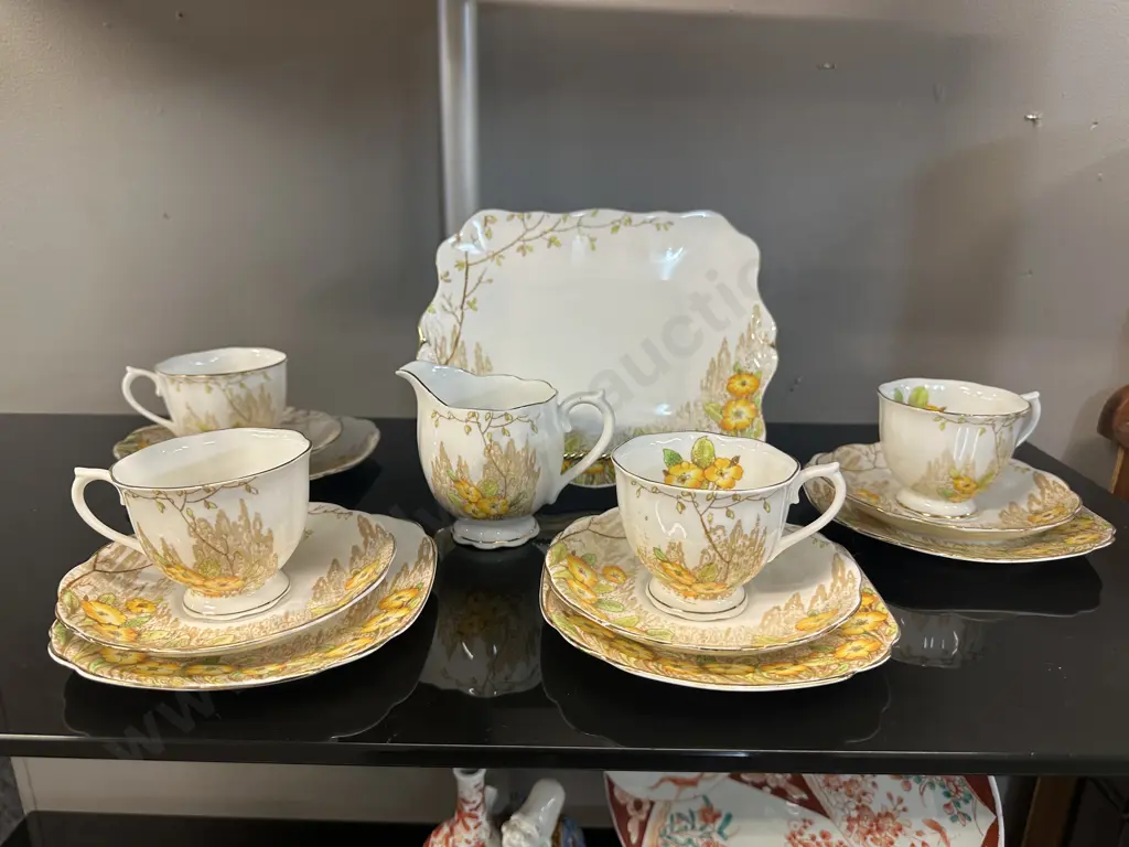 Vintage Royal Albert "Yellow Primrose" Trios x 4, Cake Plate & Creamer Image 1++