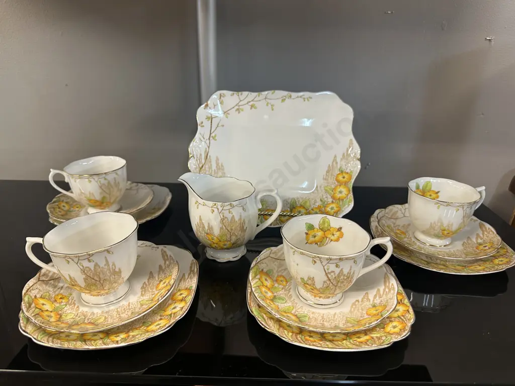 Vintage Royal Albert "Yellow Primrose" Trios x 4, Cake Plate & Creamer Image 1++