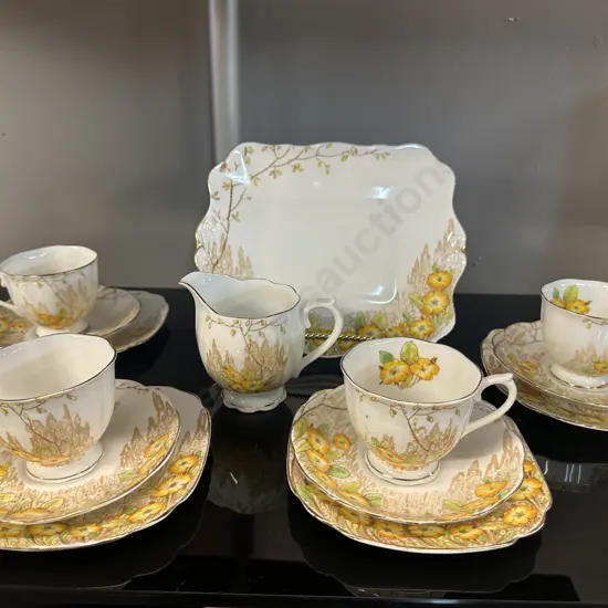 Vintage Royal Albert "Yellow Primrose" Trios x 4, Cake Plate & Creamer