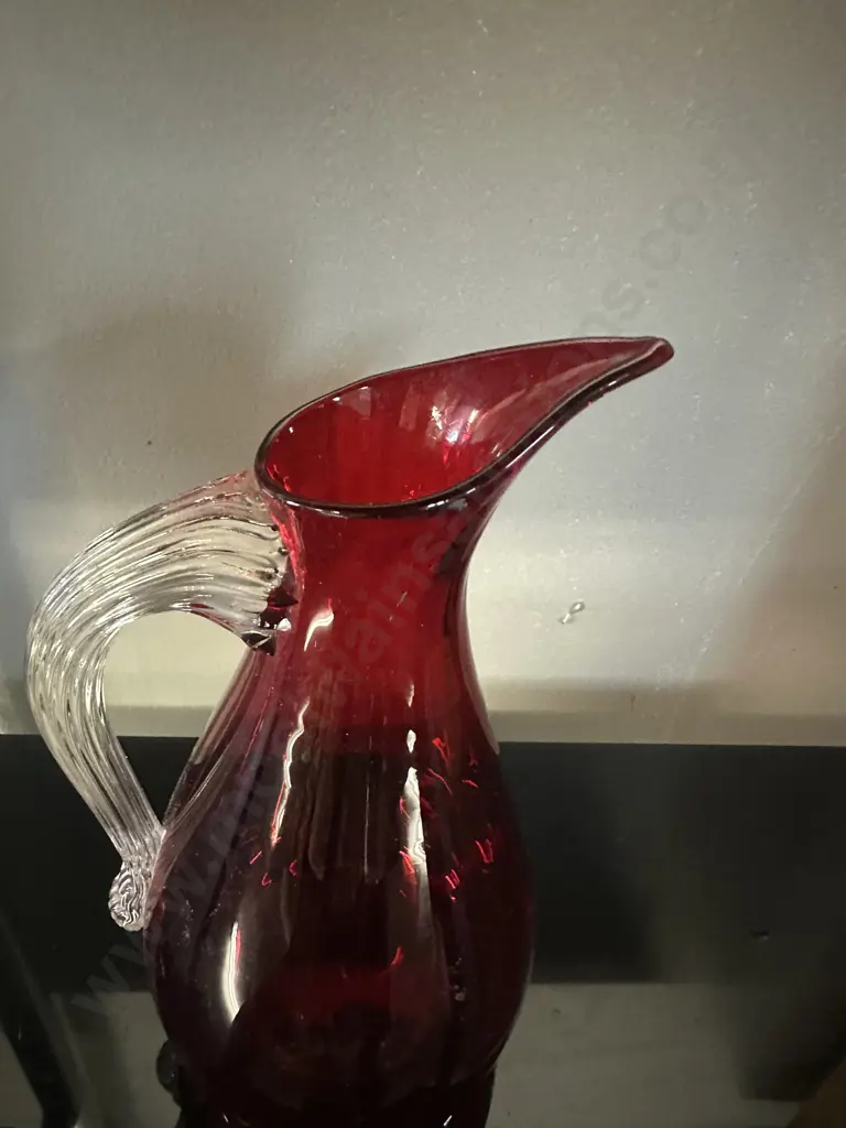Whitefriars Ruby Red Glass Beaked Jug With Celery Handle H20cm. Image 1++