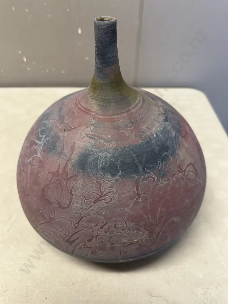 Unique Pottery Vase With Narrow Neck & Bulbous Shape Pink/Blue Tones H46cm.  Image 1++