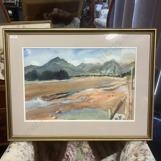 Framed Mountain Landscape Watercolour Signed Bottom Left. 54 x 72cm