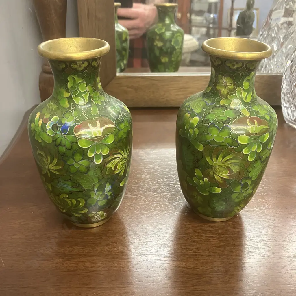 Carved Stone (Jade?) Chinese Goddess Figurine H17.5cm & Pair of Cloisonne Vases. H15.5cm Image 1++