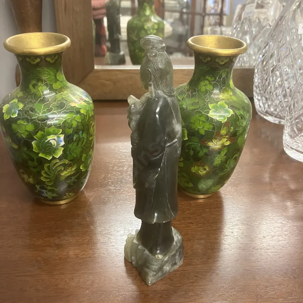 Carved Stone (Jade?) Chinese Goddess Figurine H17.5cm & Pair of Cloisonne Vases. H15.5cm Image 1++